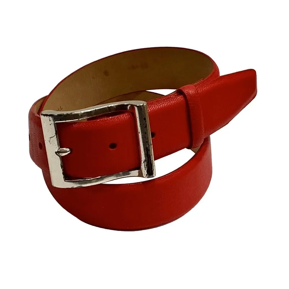 90s DKNY Red Leather Belt w Silver Buckle | VTG S | 28